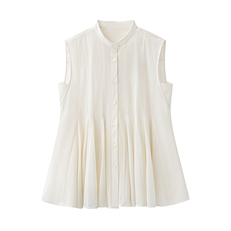Domestic Niaojia 2026 Summer New Women's Fashion Versatile Pleated Sleeveless Stand-Collar Shirt Vest for Women 766929