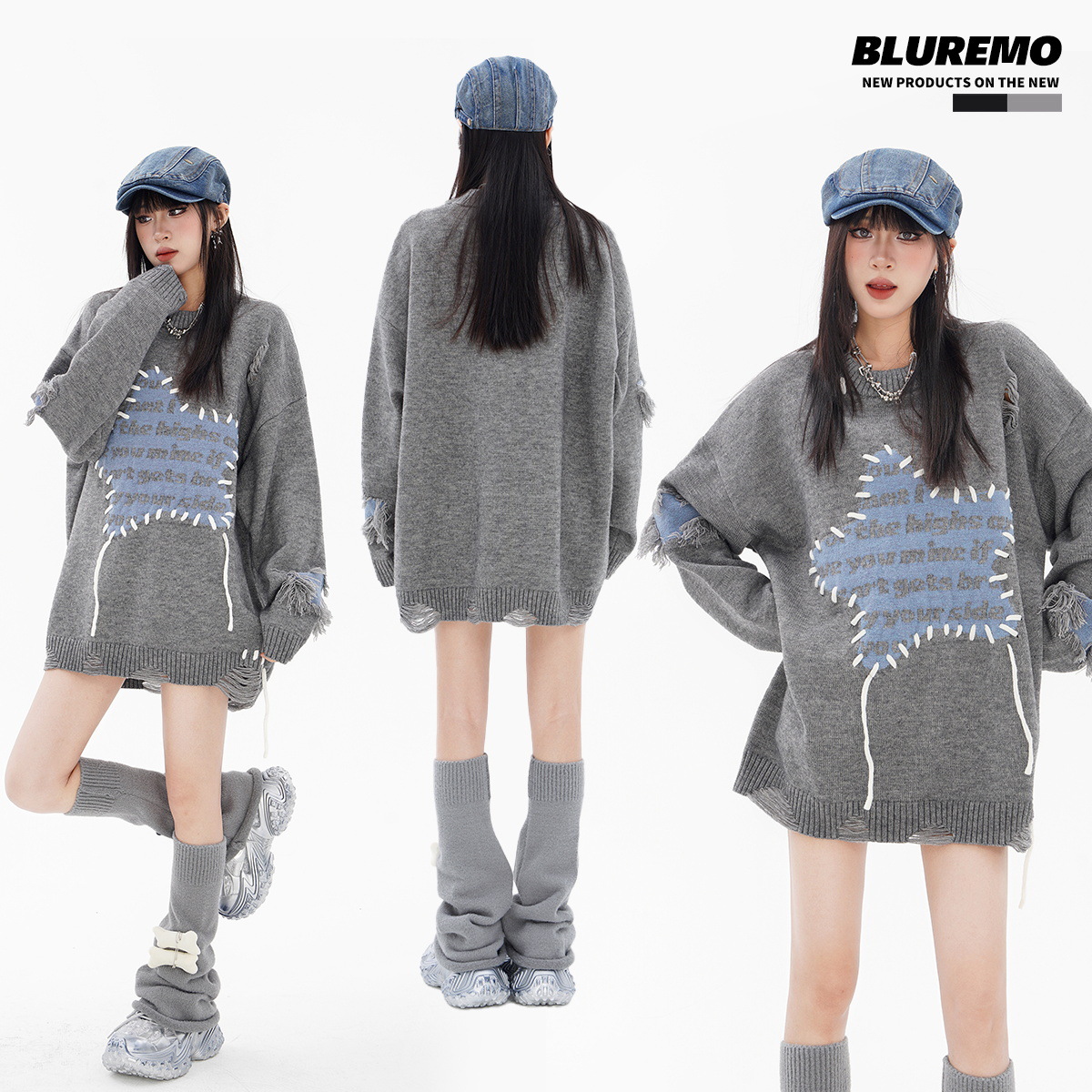 Abbigliamento maschile Autunno e inverno moda di strada fori irregolari colori contrastanti decorazione a forma di stella stile coppia versatile maglione lavorato a maglia_voghion.com