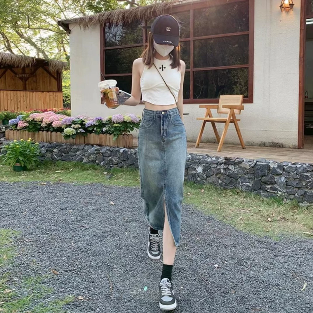 Джинсовая юбка с высокой талией и разрезом для женщин, новинка весны и лета 2025 года, средней длины, закрывающая бедра, юбка А-силуэта, закрывающая маленькую попку