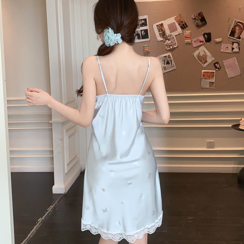 Verano con cojín de pecho pijama de chicas mariposa impresión de plata escaldado pijama de seda de hielo y nieve vestido de cinturón sexy pura ropa para el hogar