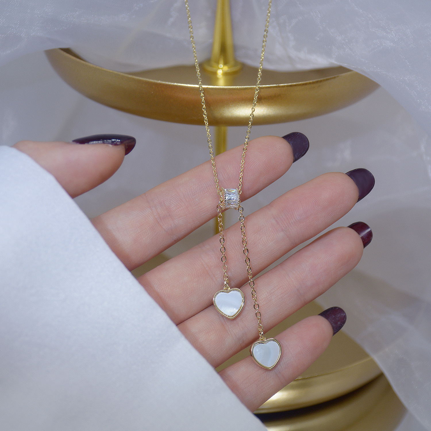 Sweet Heart Shape Titanium Steel Inlay Rhinestones Shell Pendant Necklace 1 Piece