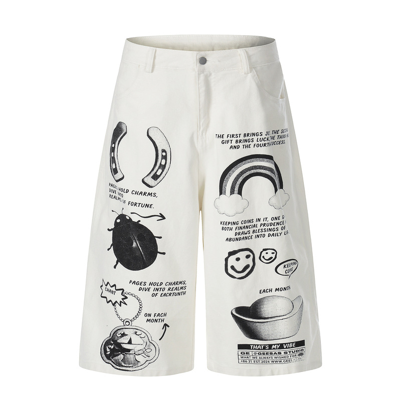 American Retro Graffiti Print Wide-Leg Jeans with Lucky Charm Elements, Unisex Loose Casual Mid-Length Pants