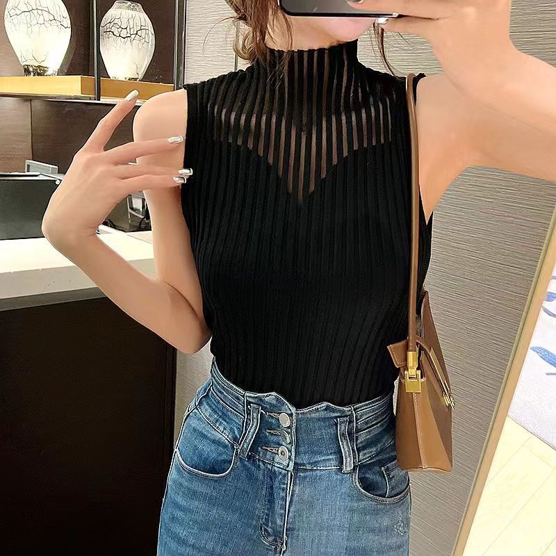 Half-high Neck Hollow Knitted Vest Mesh Stitching Inner Strap Sweater Vest Tight Sleeveless Middle Neck Base