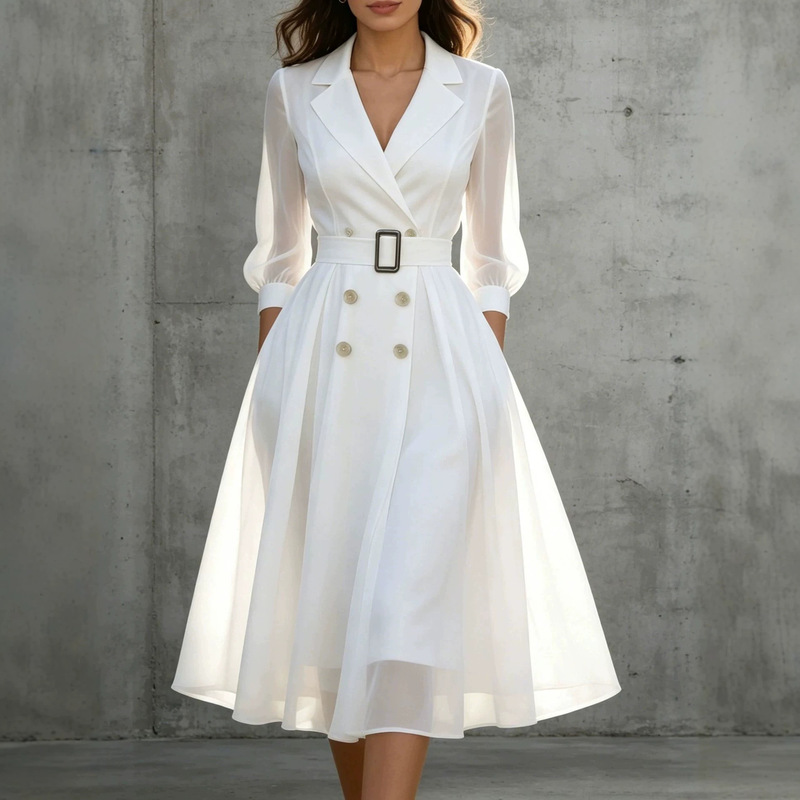 European and American Style V-Neck Waist-Cinching Slim-Fit Long-Sleeve Dress for Women, Elegant Trench Coat Style with Lapel, Mid-Length Solid Color Dress
