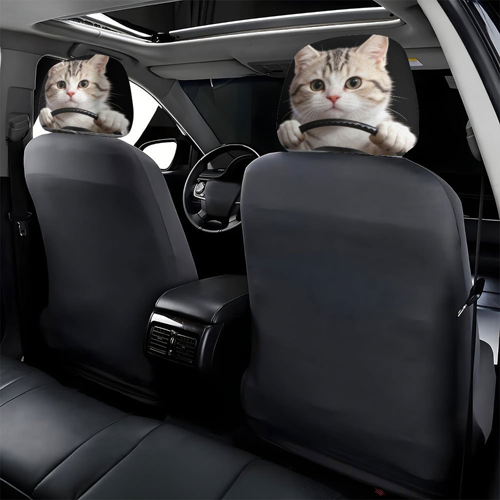 Car seat headrest cover with cute cat theme, personalized print, universal for car interiors, can be customized with labels and made according to provided images