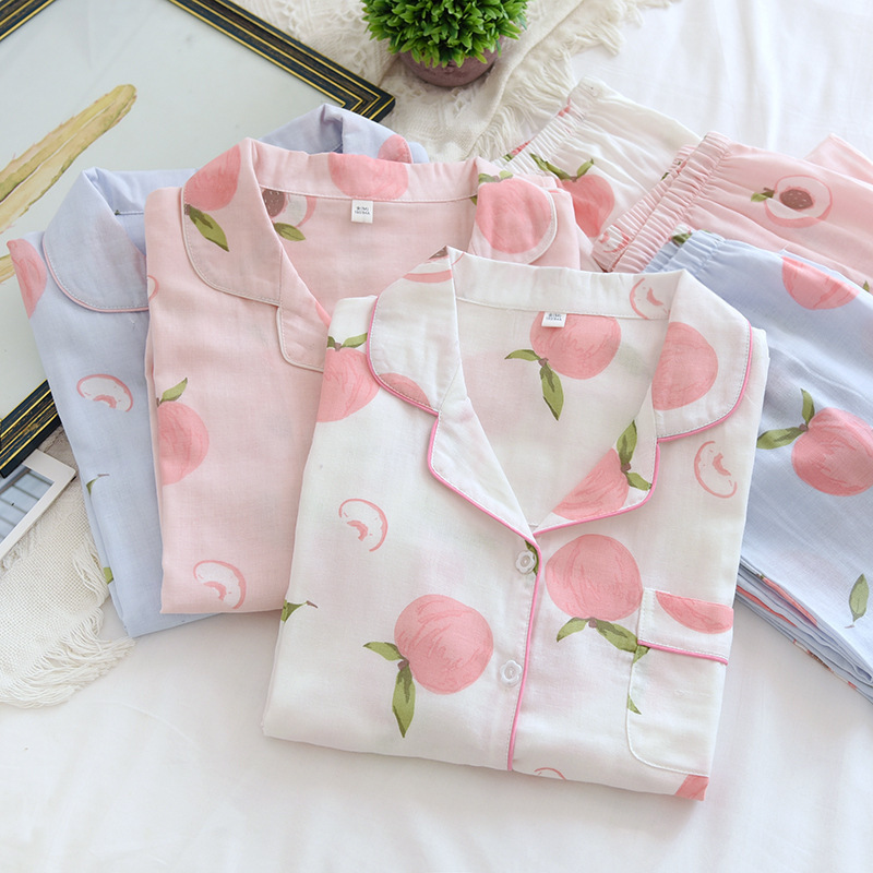 Off-Code Special Price Double-Layer Pure Cotton Gauze Pajamas for Women Spring & Fall Thin Long-Sleeved Pants Lapel Large Size Home Clothes for Mothers