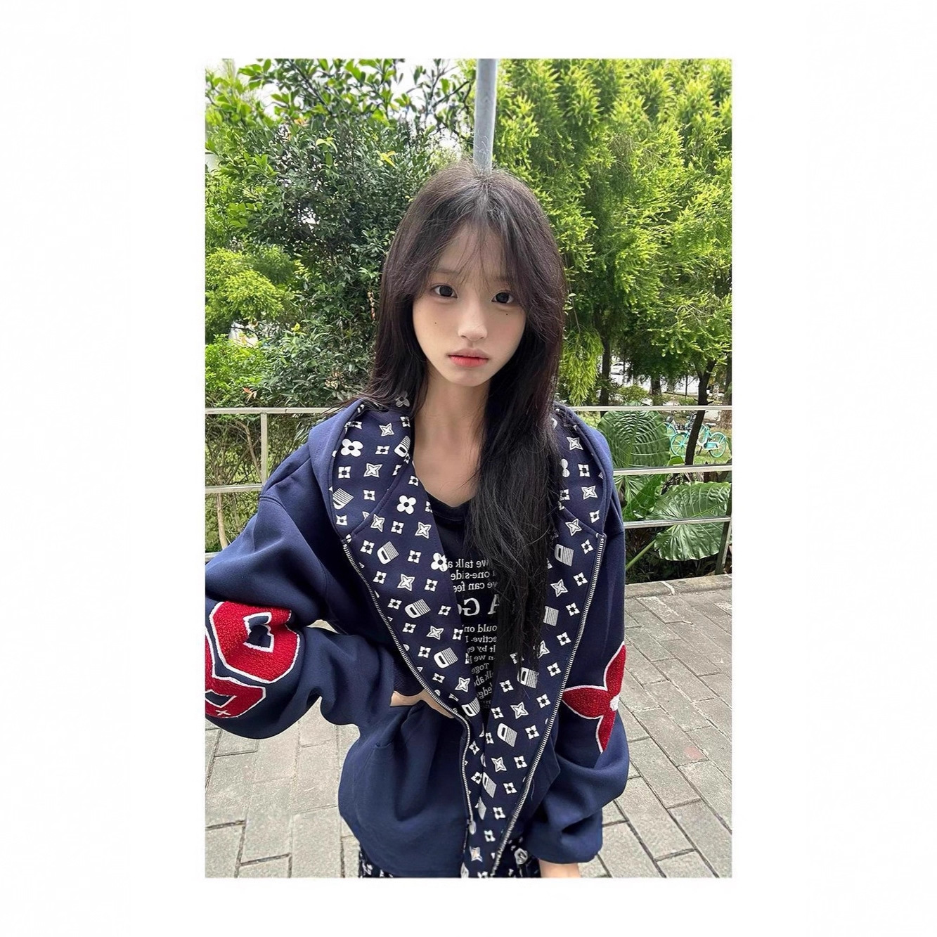 American Retro Printed Cardigan Sweatshirt Jacket for Women in Autumn and Winter Fleece-Lined Loose Lazy Style Oversize Hooded Jacket