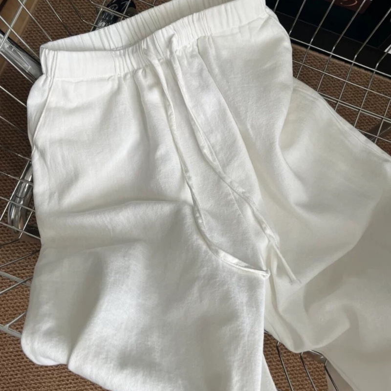 White Linen Tencel Wide-Leg Pants for Women, New Spring/Summer Thin High-Waisted Loose Straight Cotton-Linen Casual Long Pants