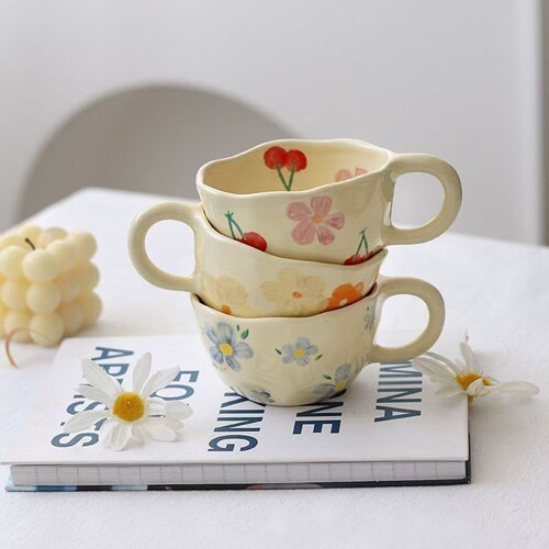 Ins ceramic cup Korean-style milk yellow hand pinched girl's heart office coffee cup breakfast milk cup stoneware baked flower