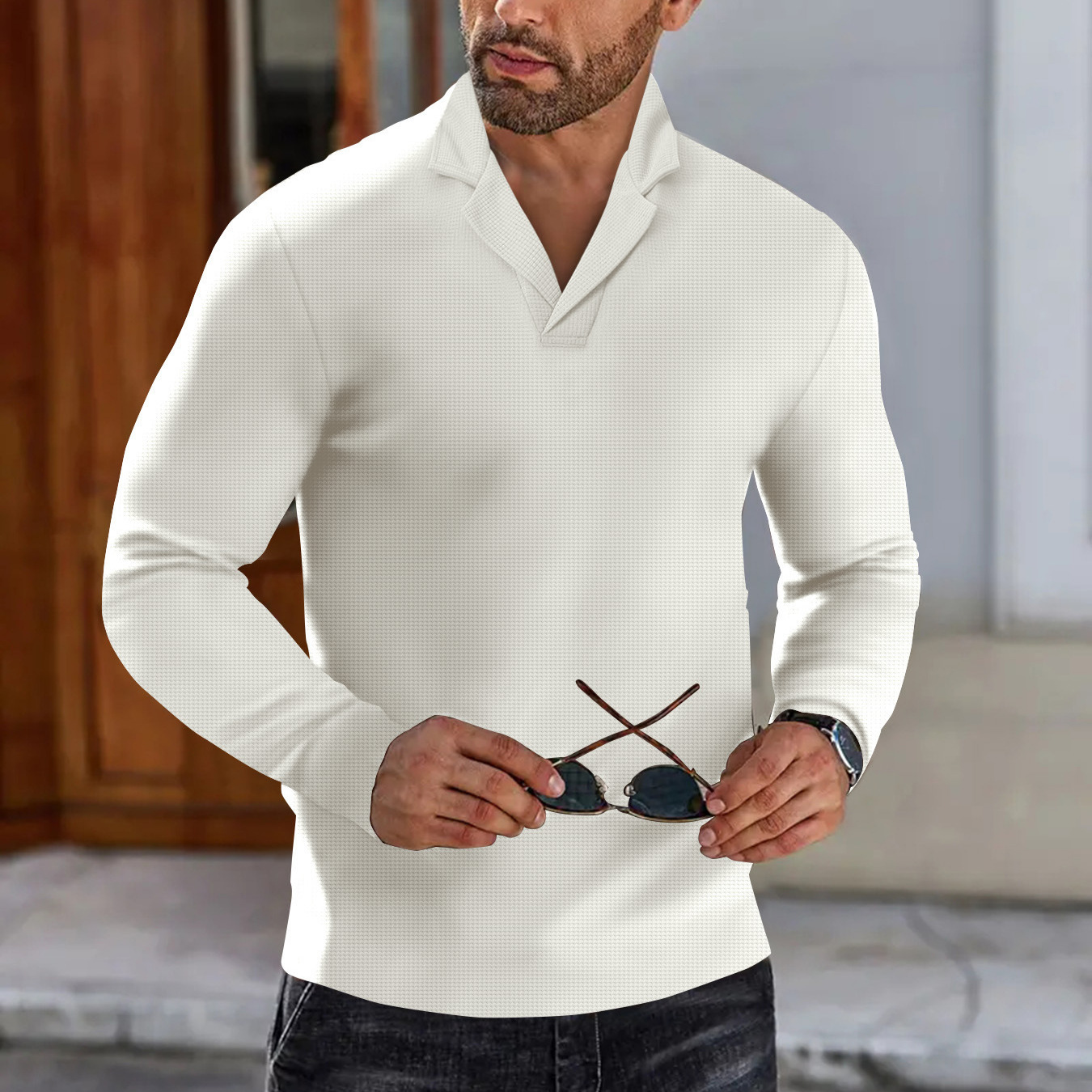 Polo da uomo a maglia waffle con revers a tacca – Maglia a maniche lunghe casual elegante per ufficio e tempo libero (bianco/grigio/nero/kaki/blu, taglie S-XXXL)_voghion.com