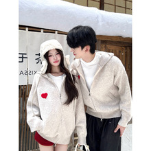 2025情侣装秋冬季连帽毛衣拉链外套男女同款网红爱心开衫学生外套
