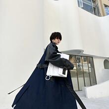 秋冬小众双排扣系带牛仔拼接皮风衣男中长款过膝痞帅感大衣