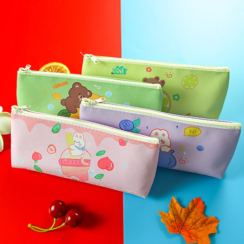 Cartoon Bear Rabbit Pen Bag PU Leather Pencil Case Cute Student Storage Stationery Bag Creative Pen Box Factory Wholesale