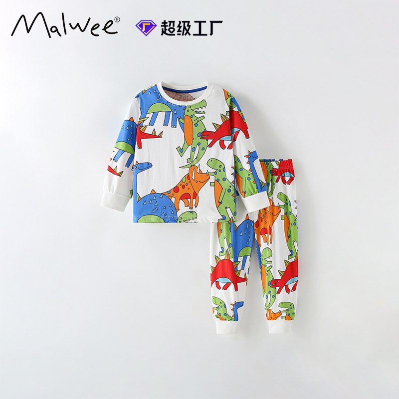 跨境malwee男童家居服秋冬新款欧美中小童圆领长袖松紧腰裤子套装