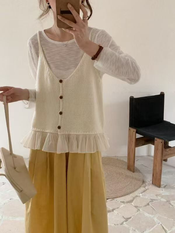 蕾丝拼接针织背心马甲女2025新款外搭叠穿小吊带坎肩无袖上衣韩版|undefined