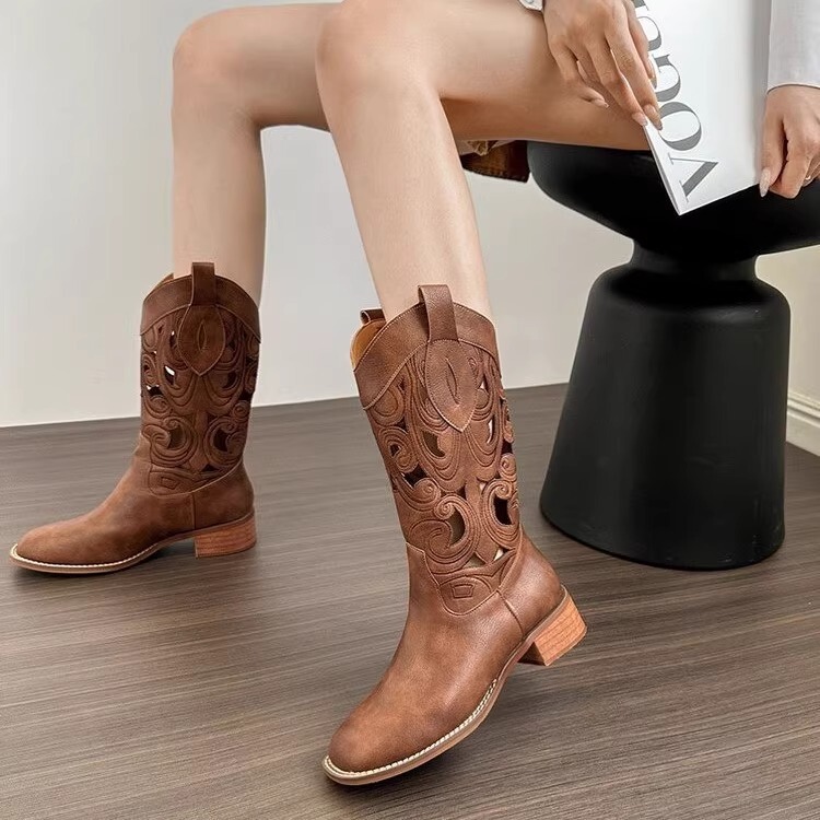 Genuine Leather Embroidered Carved Western Cowboy Boots for Women, Summer 2026 New Model, Mid-Heel Retro Riding Boots, V-Cut Mid-Calf Boots for Women