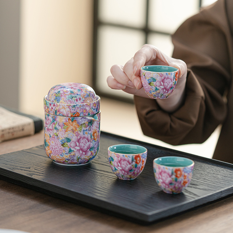 セラミック万華エナメルティーセット女性用トラベルティーセット1ポット3カップカンフーティーセット屋外ポータブルクイックカップ|undefined