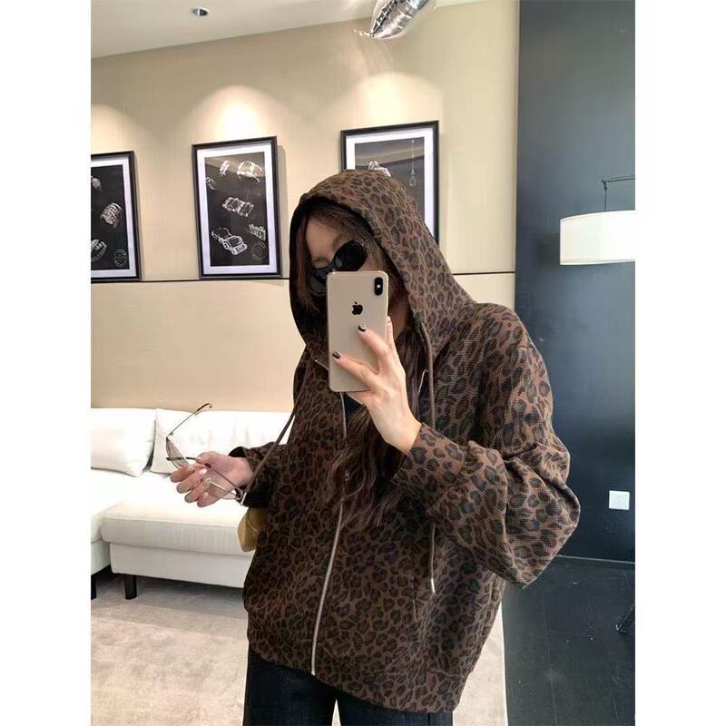{Waffle 35 Cotton 65 Polyester} Autumn Thin Hooded Zipper Leopard Print Casual Sweatshirt Jacket Women's Long-Sleeved Top Trendy
