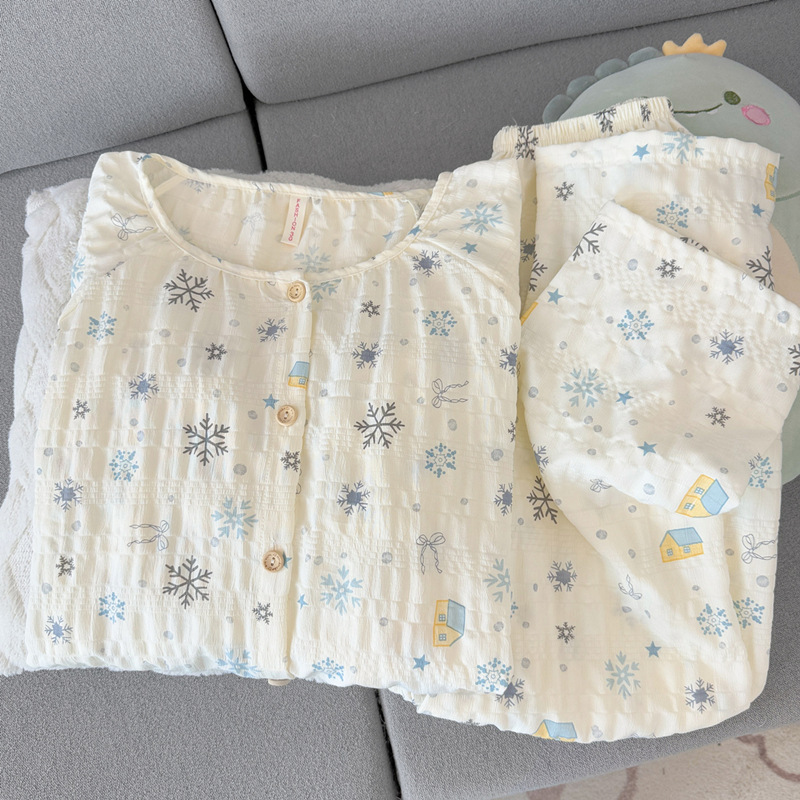 Fresh and delicate snowflake and cloud-patterned pure cotton pajamas for women, 2026 new autumn/spring/summer collection, long-sleeved loungewear with a sophisticated look Fresh and delicate snowflake and cloud-patterned pure cotton pajamas for women, 2026 new autumn/spring/summer collection, long-sleeved loungewear with a sophisticated look