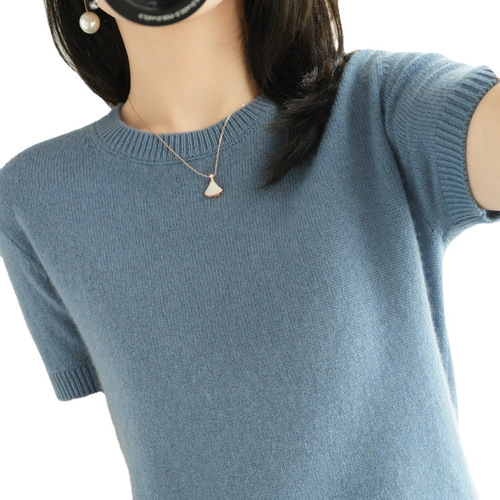 Black Core-Spun Yarn Crew-Neck Short-Sleeve Pullover for Women – Loose Fit, Perfect as an Inner Layer for Spring and Autumn