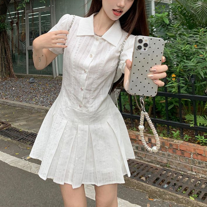 Summer Women's Clothing Set for Petite Sizes 2026 New Style College Style Lapel Puff Sleeve Shirt Dress Shorts Set Summer Women's Clothing Set for Petite Sizes 2026 New Style College Style Lapel Puff Sleeve Shirt Dress Shorts Set