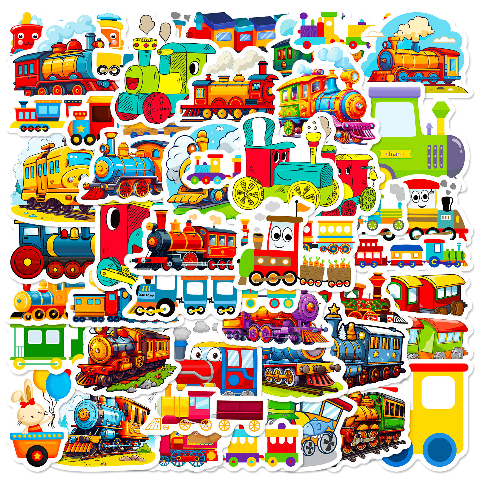 50张卡通小火车儿童贴画跨境亚马逊幼儿园车系笔记本装饰奖励贴纸