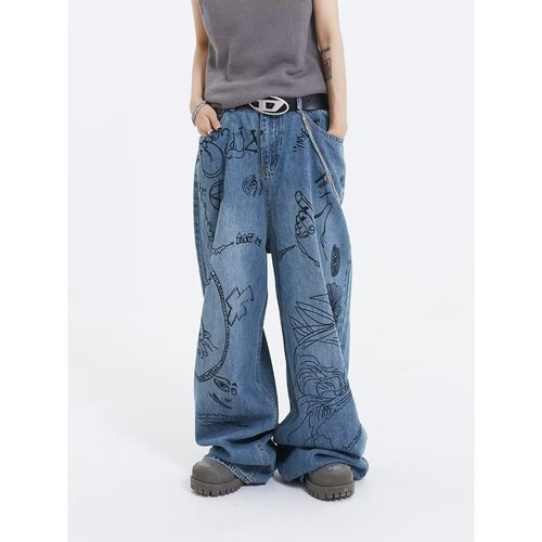 Vintage graffiti relaxed high-waisted jeans for men and women, Insta-style niche American street wide-leg pants, trendy