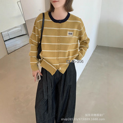 复古风撞色条纹软糯针织开衫女25秋冬慵懒风韩版宽松毛衣外套C119