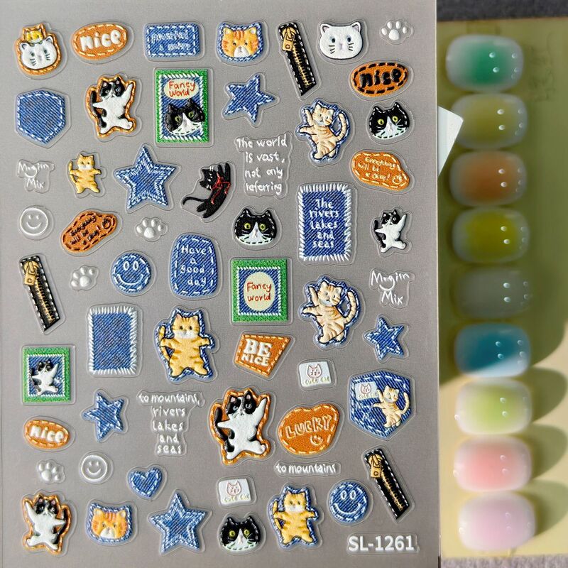 Retro Denim Kitten Nail Art Stickers 5D Embossed Stereo Creative Patchwork Cat DIY Nail Stickers Sl Model Retro Denim Kitten Nail Art Stickers 5D Embossed Stereo Creative Patchwork Cat DIY Nail Stickers Sl Model