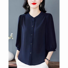 高端雪纺衬衣妈妈宽松夏季新款小衫七分袖纯色中袖薄款衬衫上衣女