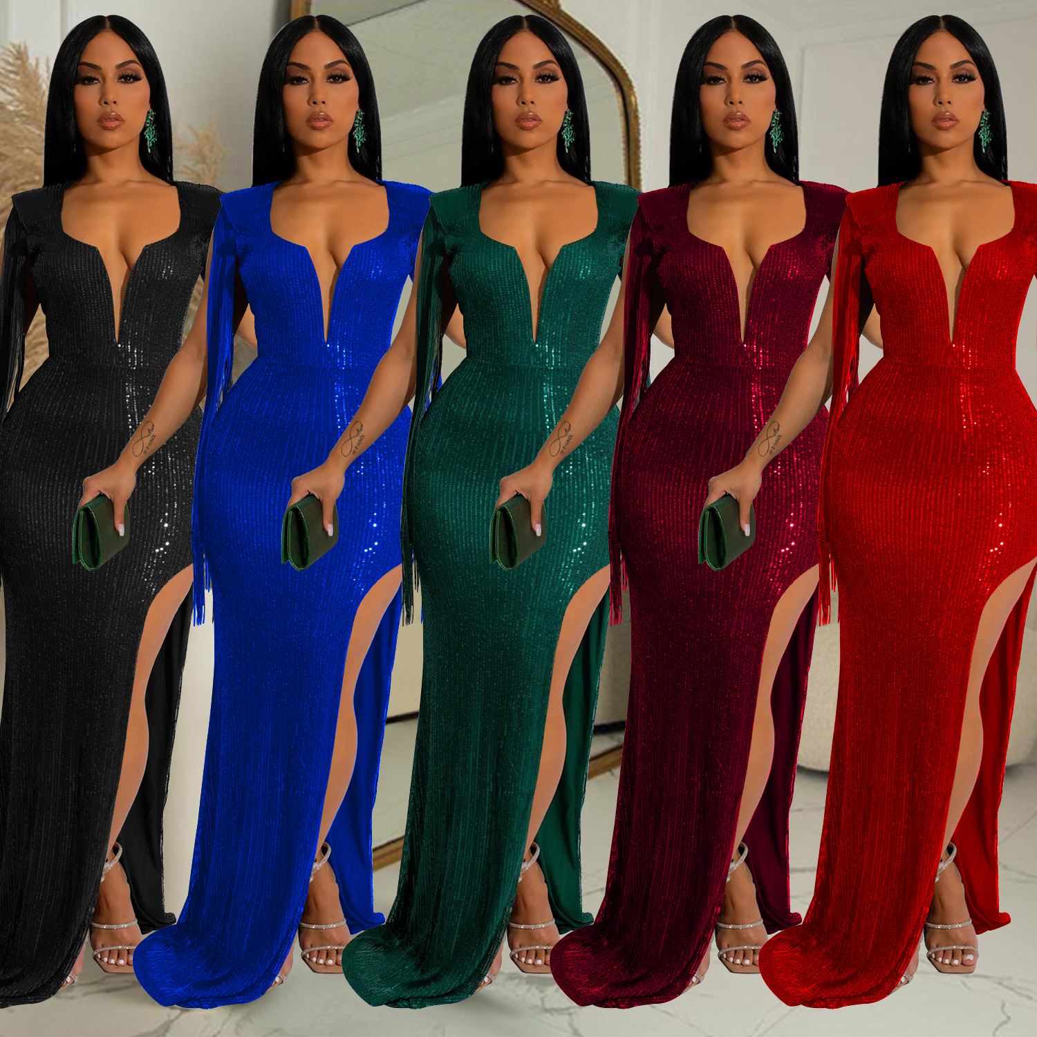 X6148 AliExpress Amazon moda europea y americana ropa de mujer de color sólido lentejuelas borla sin mangas con cuello en V vestido sin espalda mujeres image 1