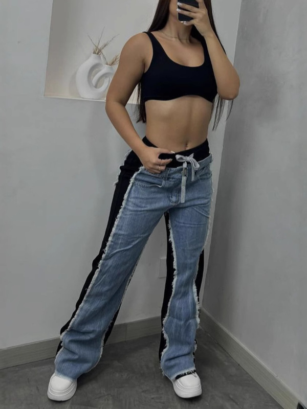 D8709 新品速卖通亚马逊欧美时尚个性女装女裤拼接牛仔裤销售|undefined