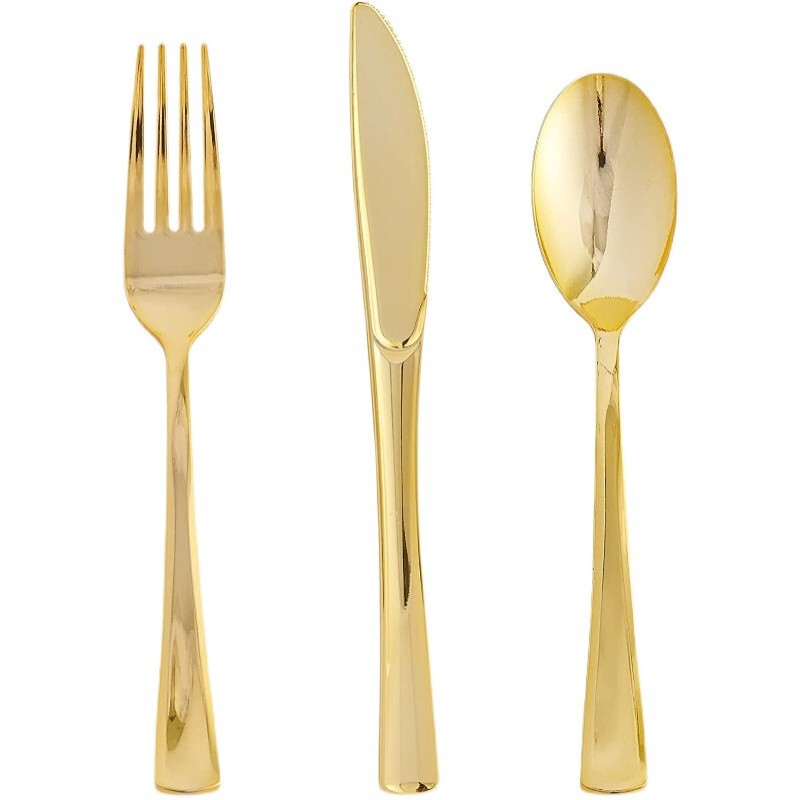 In stock foreign trade dinner fork plastic Golden Fork rose gold tableware disposable knife, fork and spoon suit wholesale cross-border
