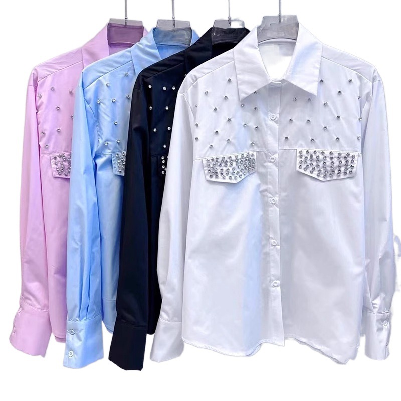Dámske oblečenie s masívnou diamantovou vložkou, ležérne a všestranné, lenivý štýl, voľná a módna košeľa, modrá košeľa s dlhými rukávmi, nové dámske_voghion.com