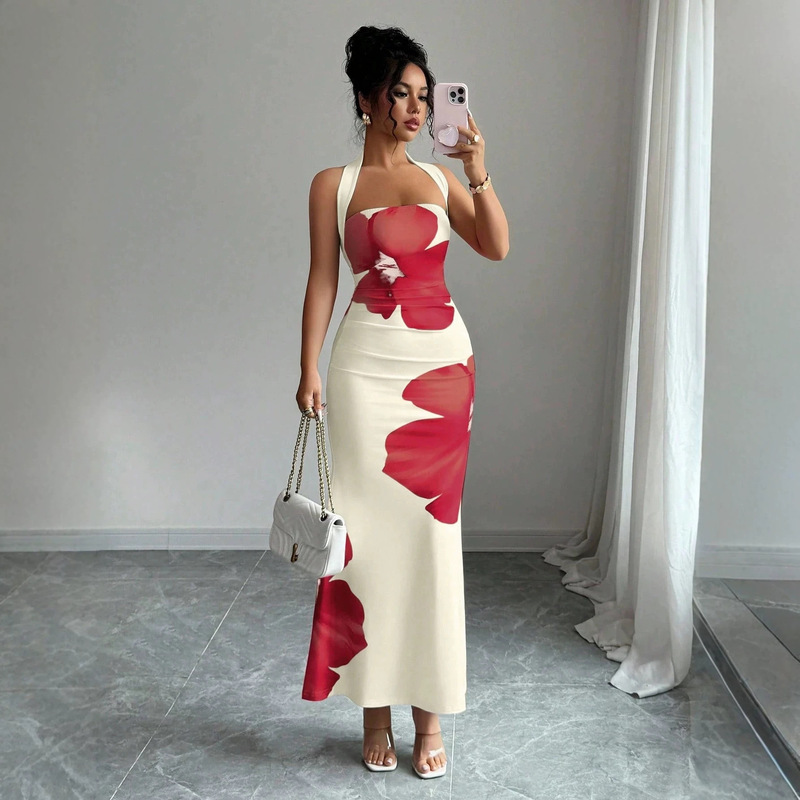 Women's Clothing 2026 Independent Brand Halter Neck Backless Long Dress Bodycon Printed Dress Vacation Style Print Women's Clothing 2026 Independent Brand Halter Neck Backless Long Dress Bodycon Printed Dress Vacation Style Print