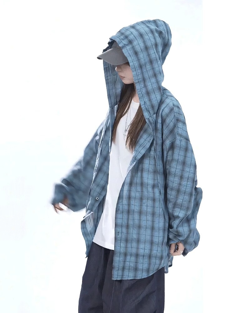 American Style Physical Sun Protection Textured Plaid For Men And Women, Summer Thin Couple's Versatile Shirt Jacket,_viptrois.com