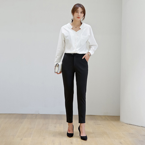 Women's suit trousers for work, professional formal work trousers, straight high-waisted slim casual trousers, long trousers black