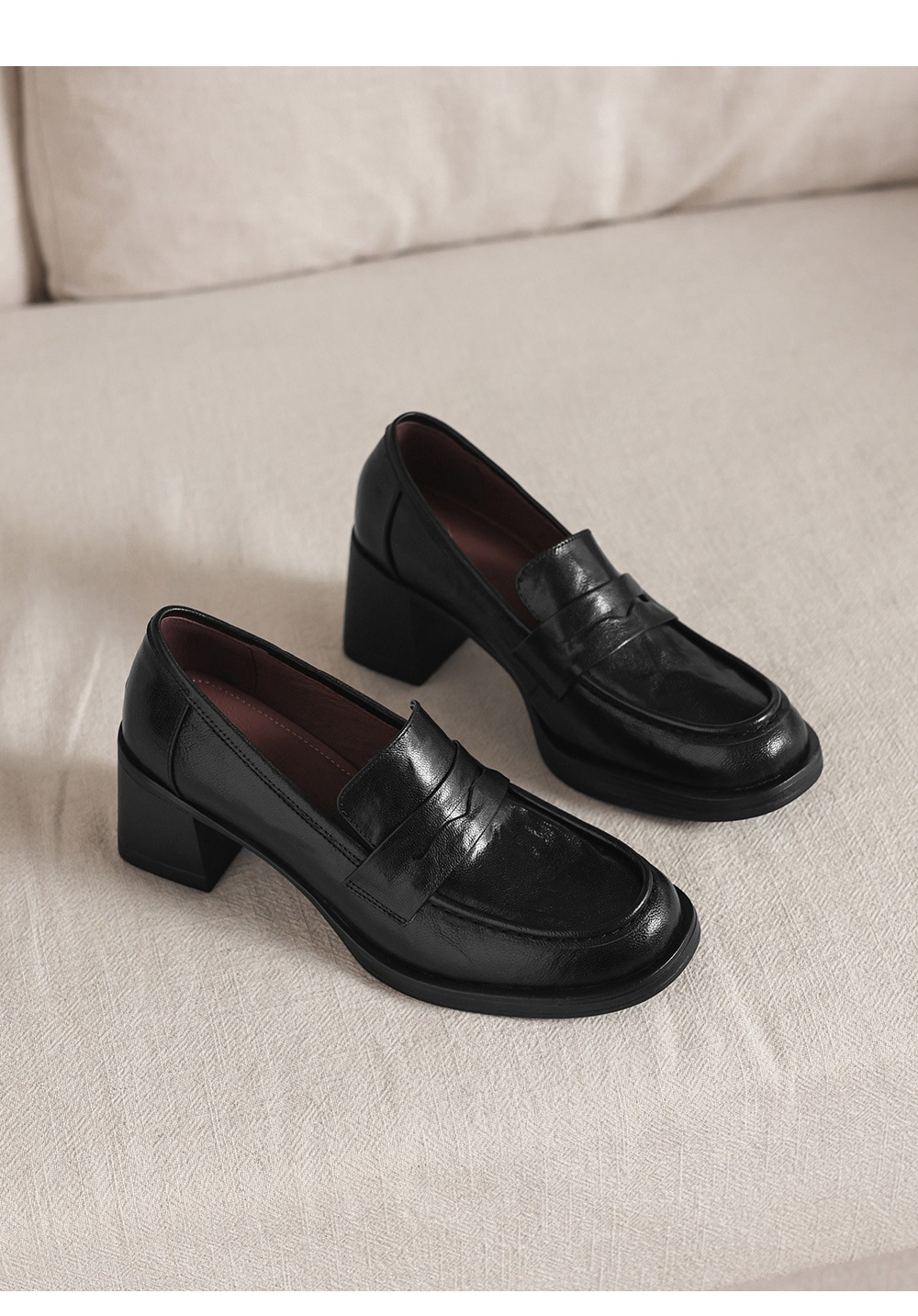 Giày cao gót nữ mũi tròn da dê gót vuông ổn định kiểu loafer — màu nâu chi tiết 19