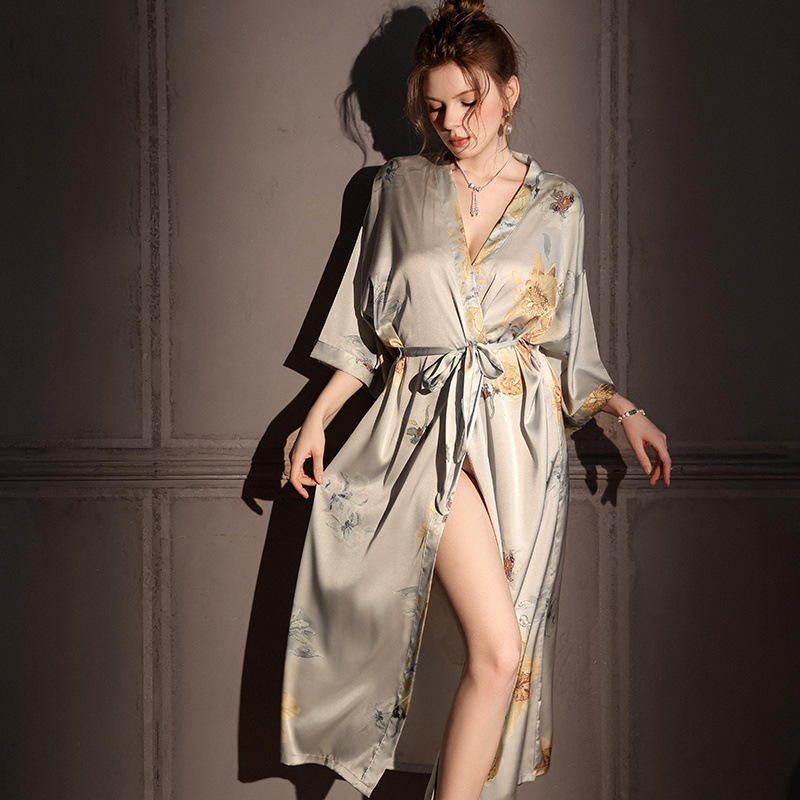 Nightgown for Women Summer Thin Ice Silk Chinese Style Printed Satin Pajamas for Women Long Home Dressing Gown Bathrobe