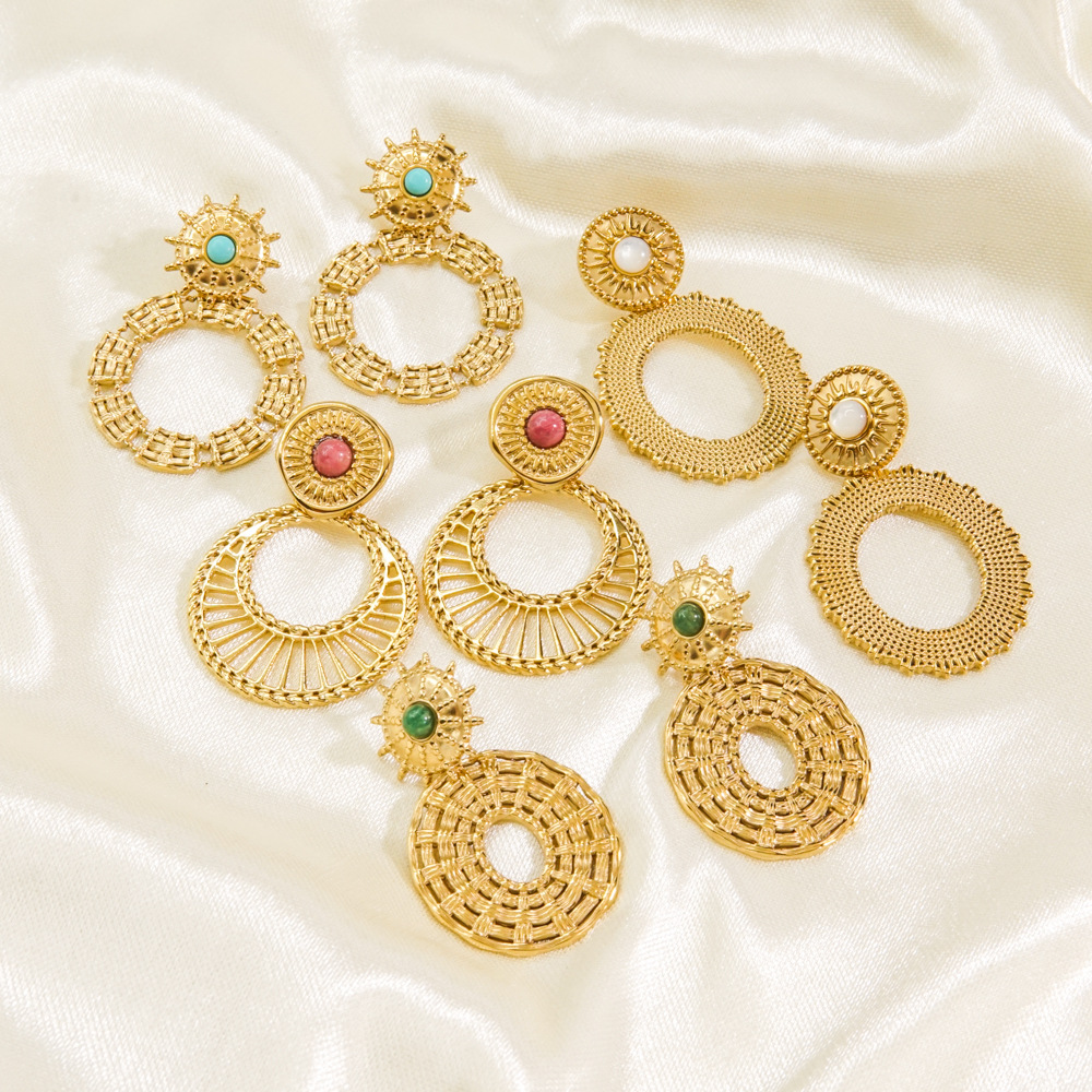 Natural Stone Inlay Material PVD Coated 14K Gold Real Gold Plated Circle 304 Stainless Steel Bohemian Waterproof Non Tarnish Drop Earrings