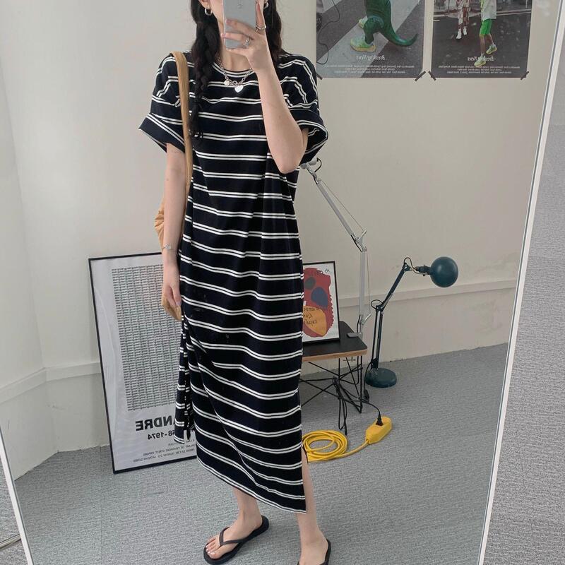 Summer Small Fragrant Stripesd Dress for Women Summer K-Style Loose Korean Style Casual T-Shirt Long Skirt High-End Mid-Length Skirt Summer Small Fragrant Stripesd Dress for Women Summer K-Style Loose Korean Style Casual T-Shirt Long Skirt High-End Mid-Length Skirt
