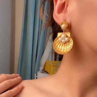中古重工宫廷风耳环欧美小众设计感大贝壳珍珠金色复古夸张大气
