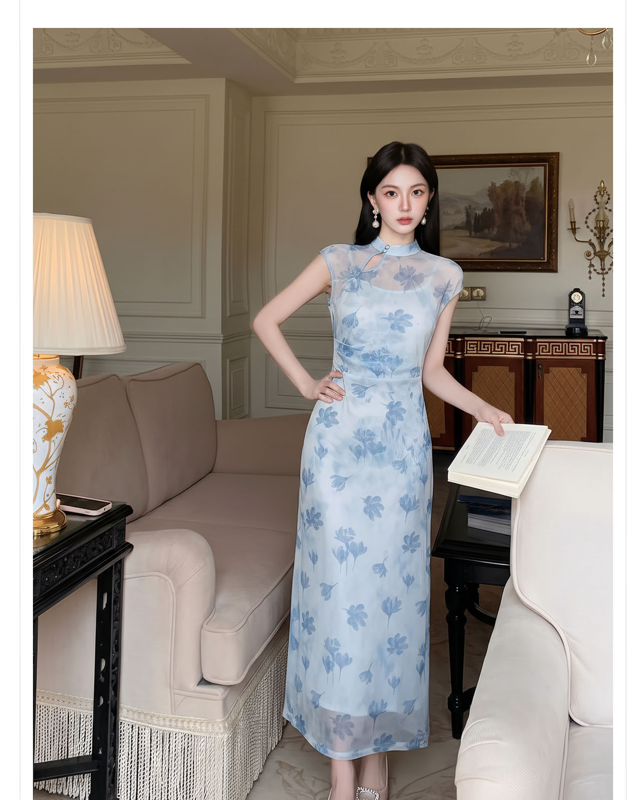 Đầm maxi nữ thắt eo phong cách tân cổ điển, chất liệu nhung tăm, thiết kế cổ yếm kết hợp ren, tay lỡ, dáng suông nhẹ, phù hợp mùa xuân hè — xanh lam chi tiết 9