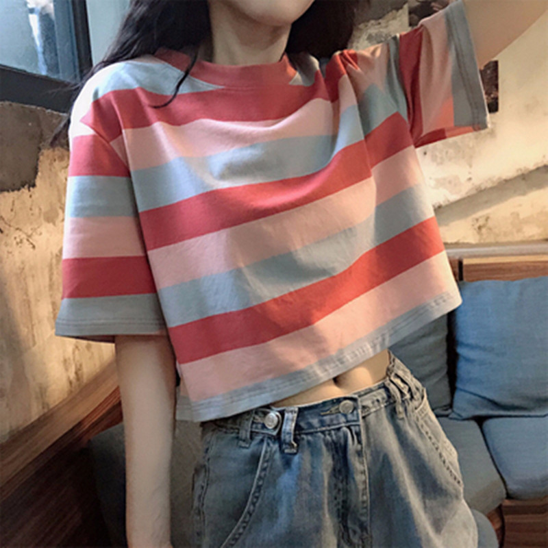 Cross-border Foreign Trade Summer New Korean-style Loose Rainbow Striped Short-sleeved T-shirt Female Student Short Navel Top Trendy