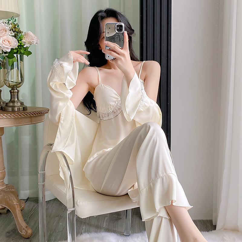 High-End Sexy Ice Silk Pajamas for Women Spring and Summer New Suspender Nightgown Long-Sleeved Trousers Home Clothes Three-Piece Set Wholesale