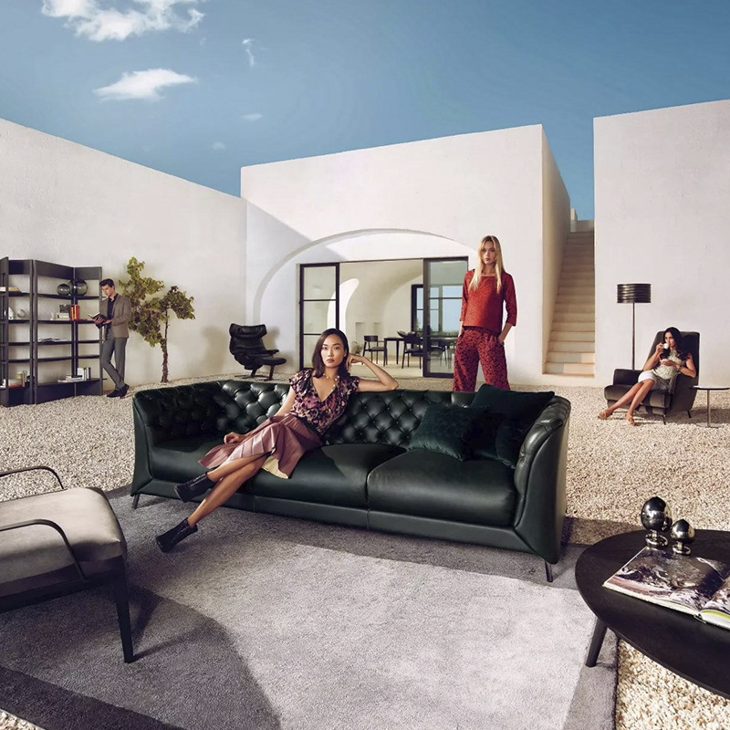 Italian leather sofa, Nordic modern minimalist, top grain cowhide, small household use, three-person leather art, light luxury sofa