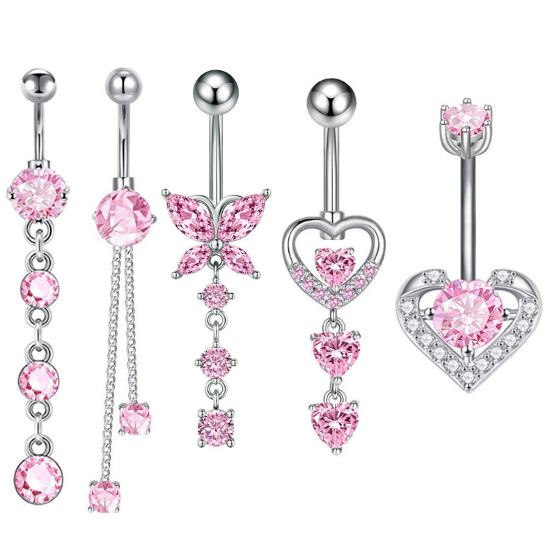 Weißer, borderoverbreiteter Bauchnabelpiercing-Ring aus Titanstahl mit Blumenmuster, langes Zirkonia-Gewinde_voghion.com