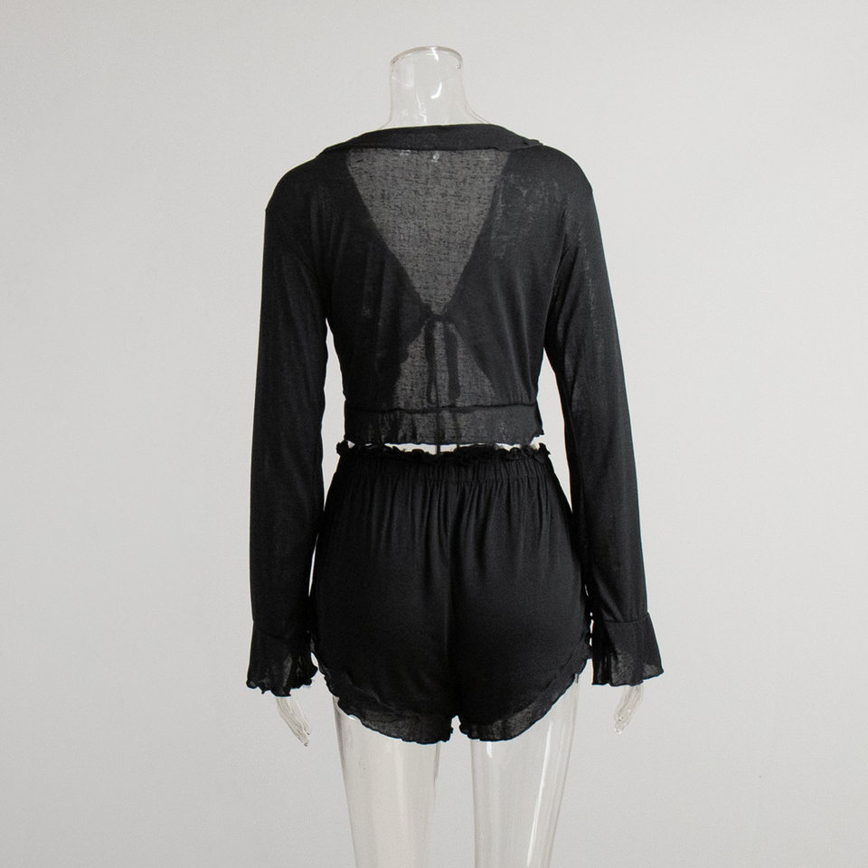 Bộ đồ ngủ nữ áo cardigan thắt dây kèm quần short dệt kim mặc nhà thoải mái — Màu trắng, Màu đen chi tiết 9