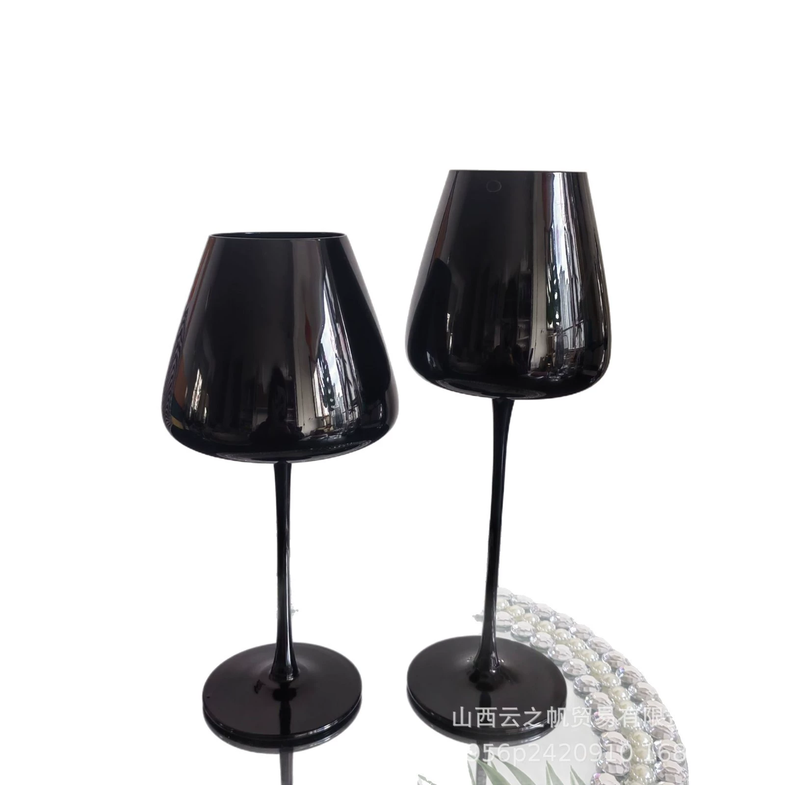 Black glass wineglass, home decor