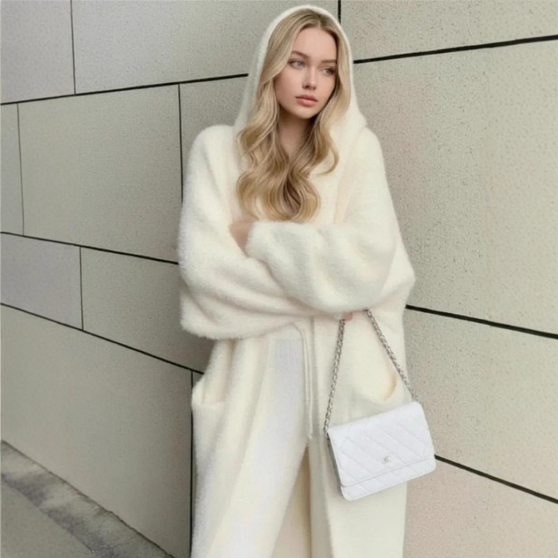 Hooded Outwear Imitation Mink Velvet Knitwear Cardigan Women's Autumn and Winter Lazy Style Mid-Length Over-The-Knee Casual Knitwear Jacket